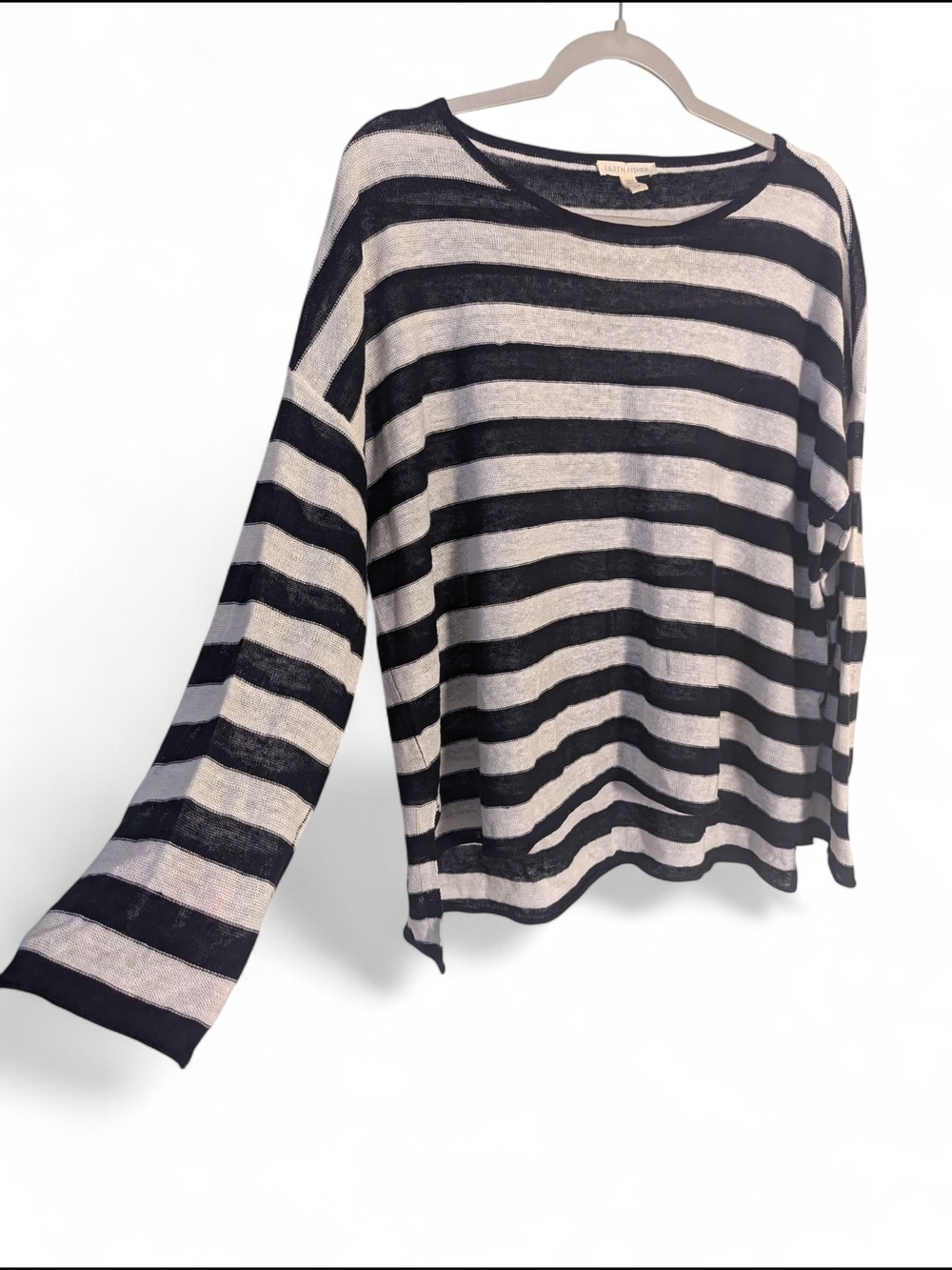 100% Organic Linen Eileen Fisher Black & Cream Striped Lightweight Top